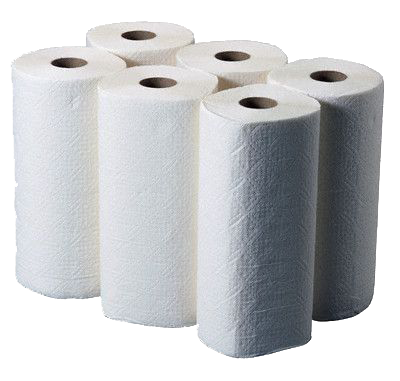 Six rolls of paper towels are stacked on top of each other on a white background.