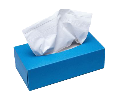 A blue box of tissues with a white tissue coming out of it