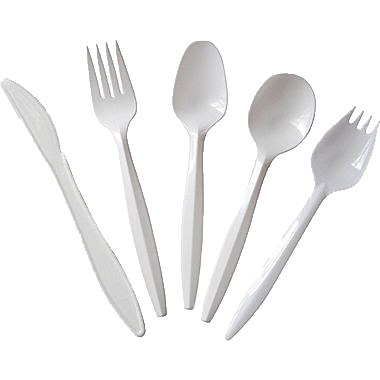 A group of white plastic forks, spoons, and knives on a white background.