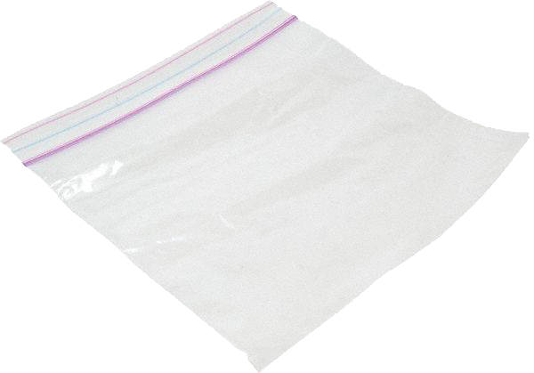 A clear plastic bag with a purple zipper on a white background.