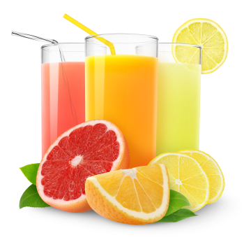 Three glasses of citrus juice with straws and grapefruit and lemon slices.