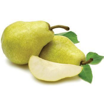 Two green pears with leaves on a white background
