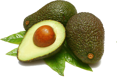 An avocado is cut in half with leaves around it