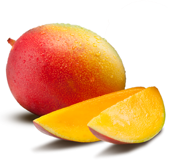 A whole mango and two slices of mango on a white background