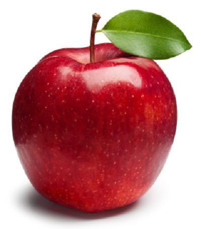 A red apple with a green leaf on it