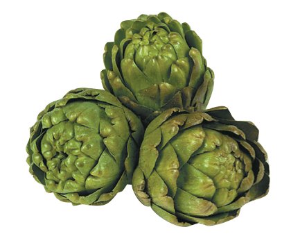 Three artichokes are stacked on top of each other on a white background