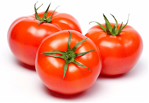 Three tomatoes with green stems on a white background