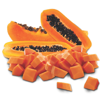 A pile of diced papaya next to a sliced papaya