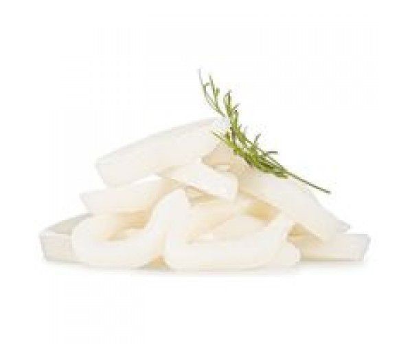 A pile of squid rings with a sprig of rosemary on a white background.