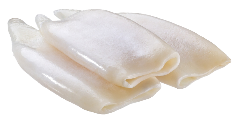 A close up of three pieces of squid on a white background.