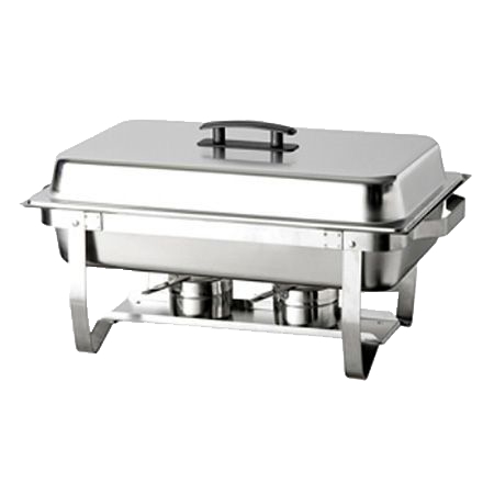 A stainless steel chafing dish with a lid on a white background.