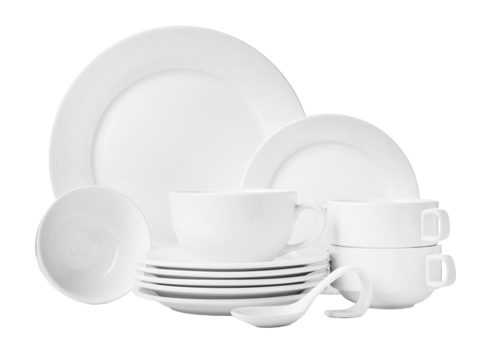 A set of white plates, cups, bowls, and spoons on a white background.