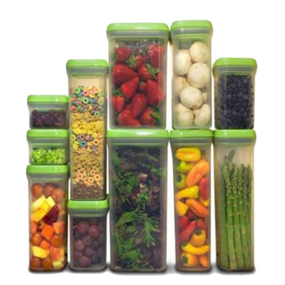 A row of plastic containers filled with fruits and vegetables