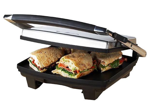 Three sandwiches are being cooked on a grill.