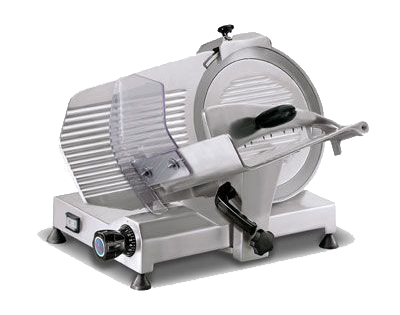 A stainless steel meat slicer on a white background.