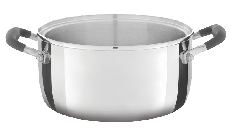 A stainless steel pot with black handles on a white background.
