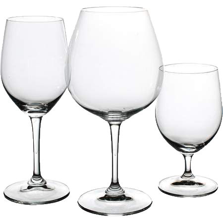 Three empty wine glasses are sitting next to each other on a white background.