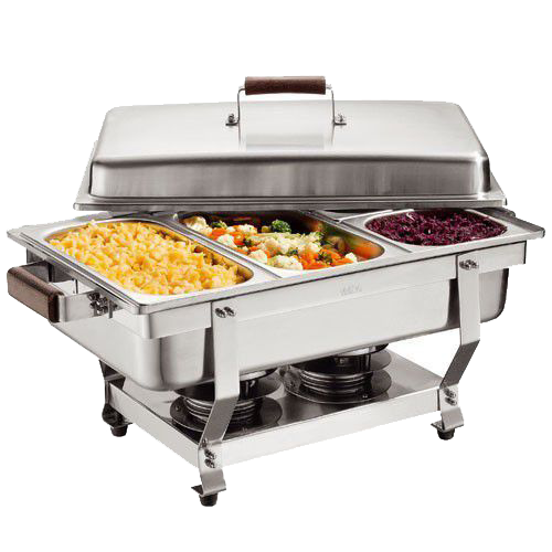 A stainless steel chafing dish filled with food on a white background.