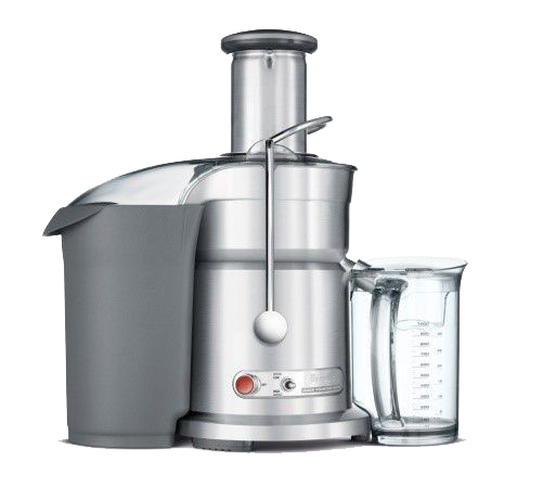 A stainless steel juicer with a measuring cup next to it