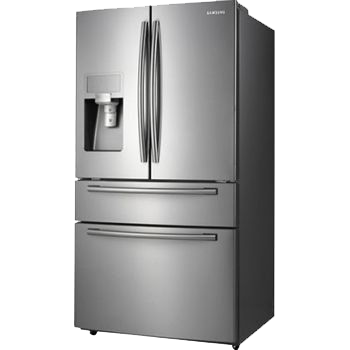 A stainless steel refrigerator with a water dispenser on the door