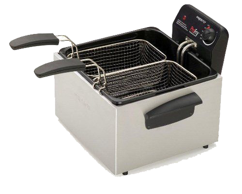 A stainless steel deep fryer with two baskets on a white background.