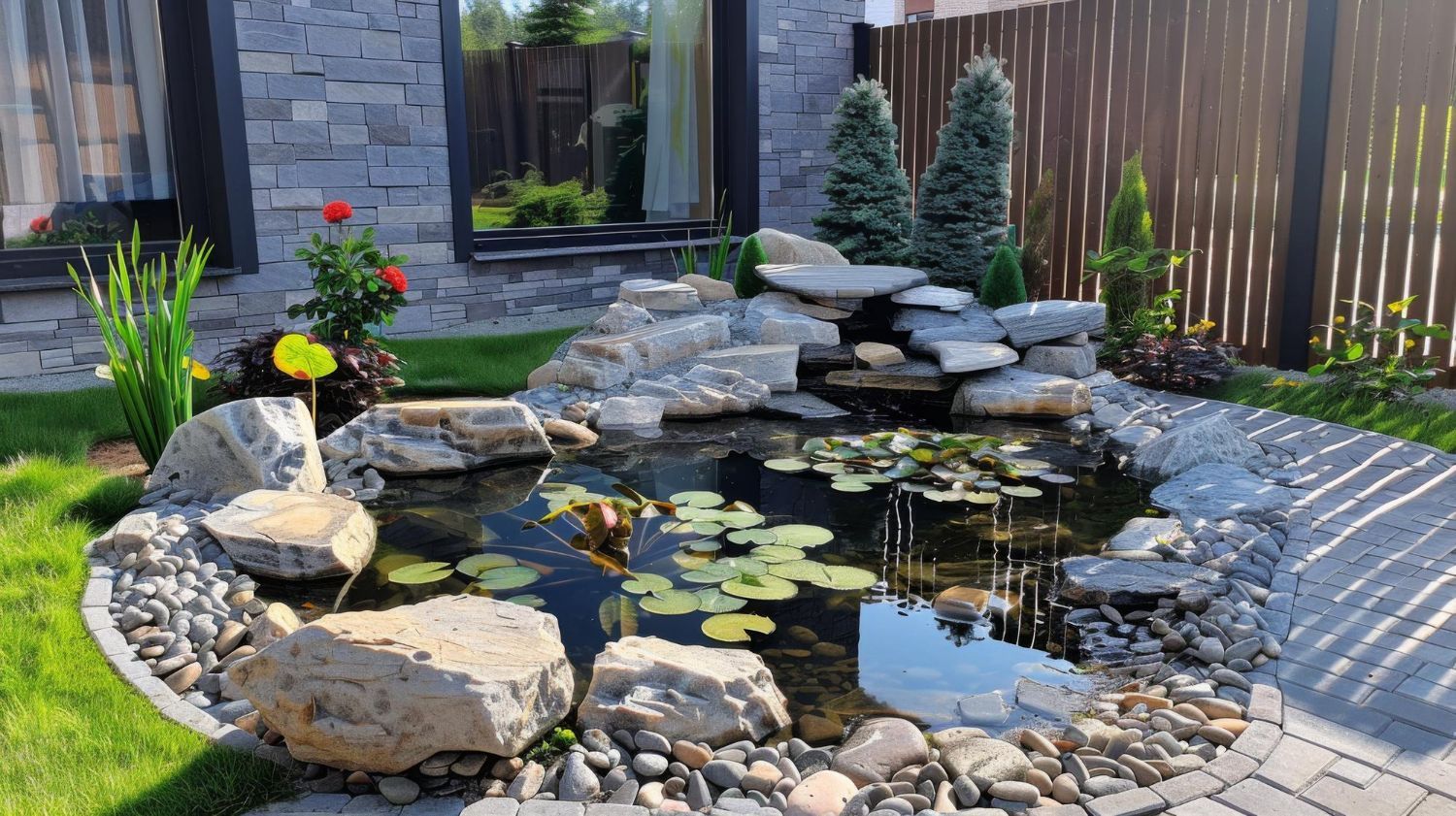A stone pond with water lilies, surrounded by rocks and greenery in a landscaped yard.