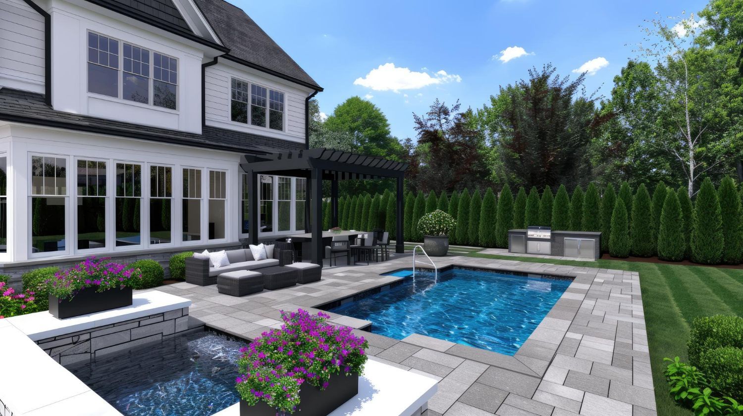 Backyard with pool, patio, outdoor kitchen, and two-story white house with black trim.