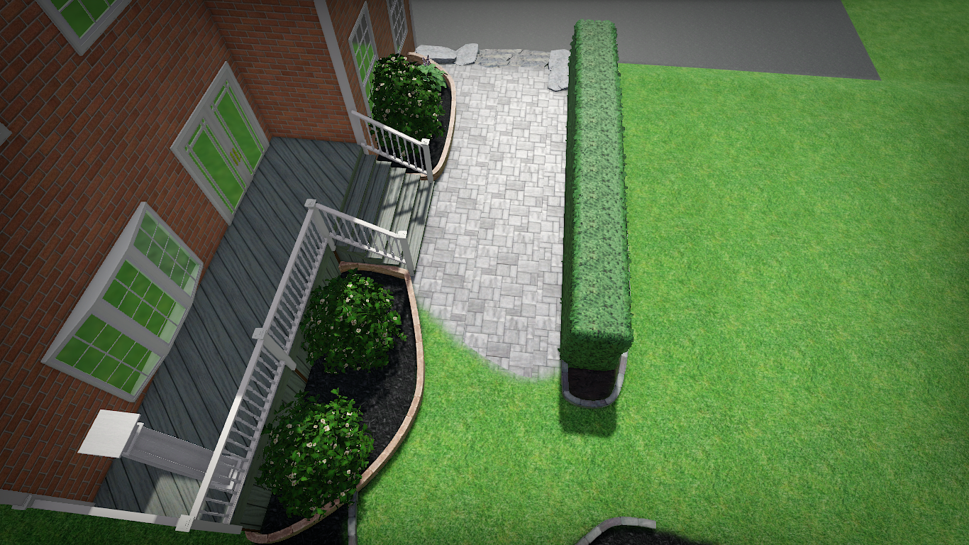 An aerial view of a house with a walkway and a hedge.