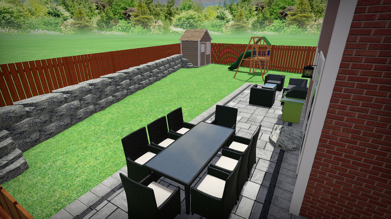 An aerial view of a backyard with a table and chairs.