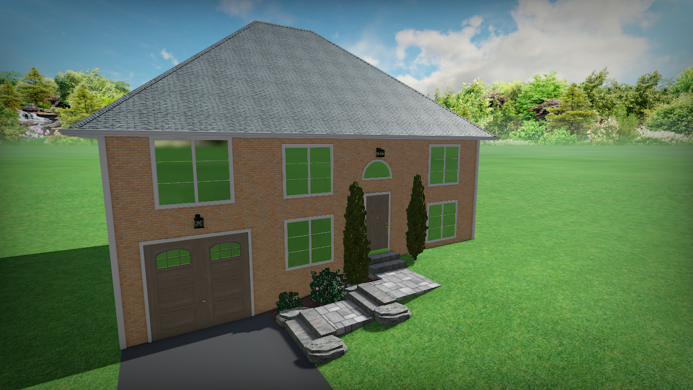 A brick house with a garage and green windows is sitting on top of a lush green field.