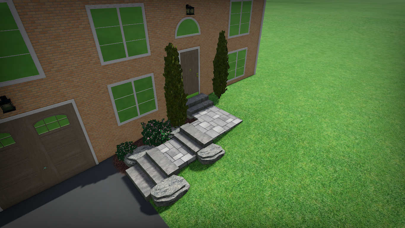 A 3d rendering of a brick house with a stone walkway leading to the front door.
