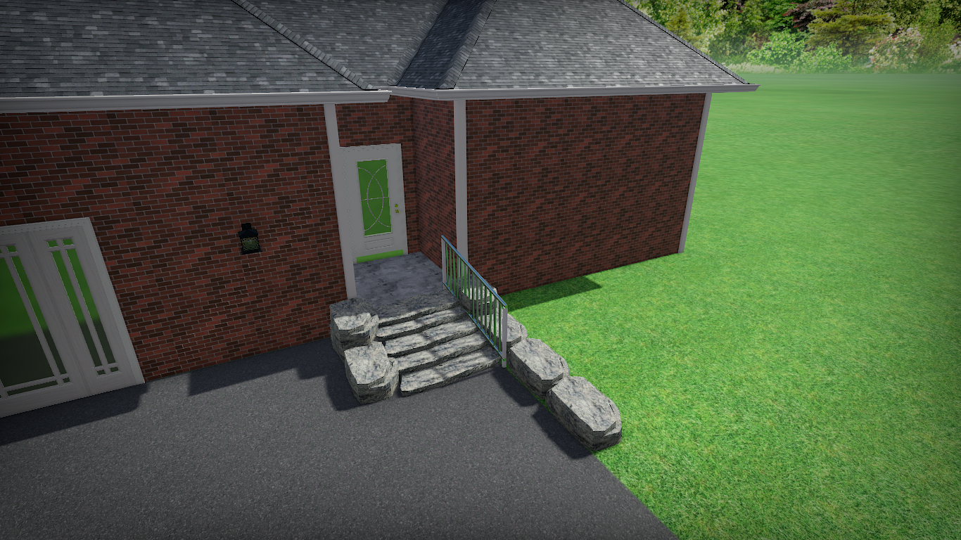 A brick house with a green door and steps leading to it.