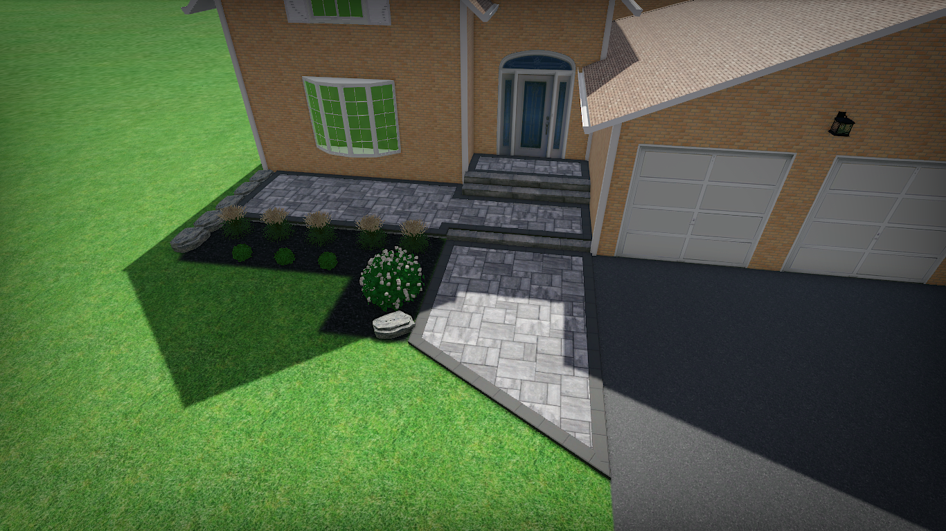 A computer generated image of a house with a driveway leading to it.