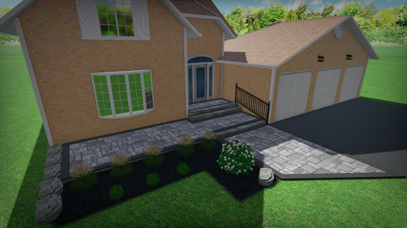 A 3d rendering of a house with a driveway and a garage.