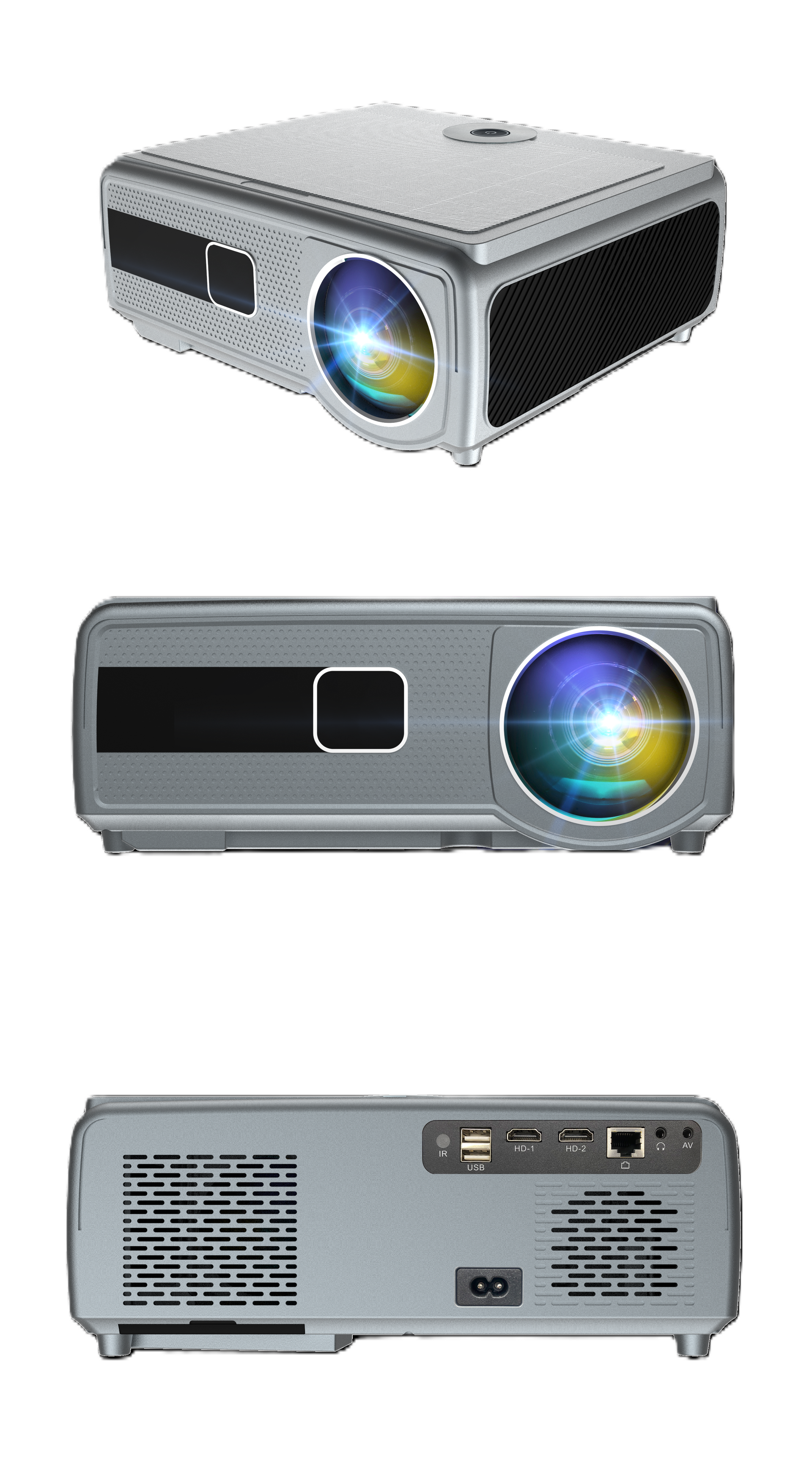 Three different views of a projector on a white background.
