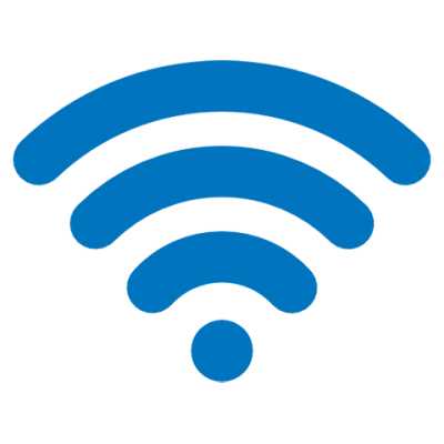 A blue and white wifi icon on a white background