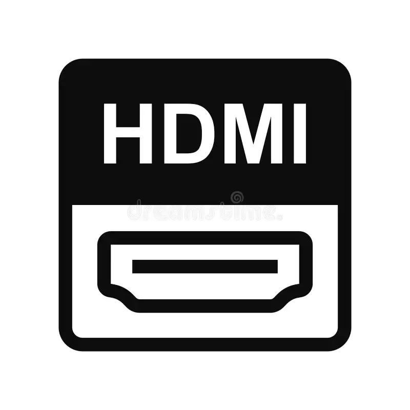 A black and white icon of a hdmi port on a white background.