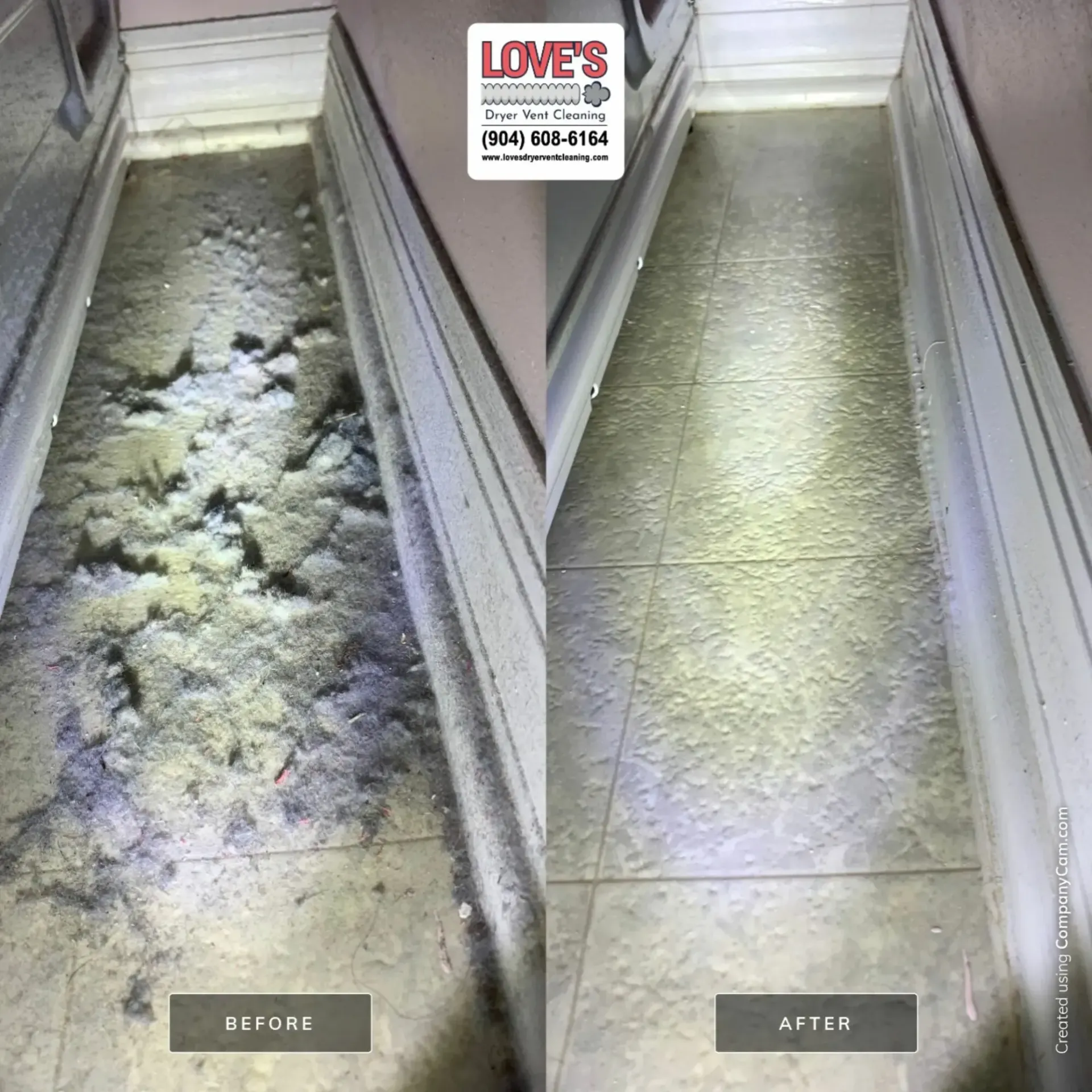 Love's Dryer Vent Cleaning- A before and after photo of a hallway being cleaned by love 's
