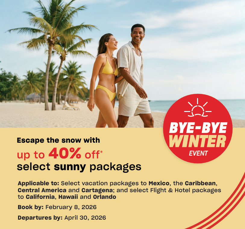 Couple walks on beach; advertisement for sunny vacation packages, up to 40% off.