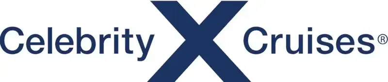 Celebrity X Cruises logo in blue and white with a large stylized X.