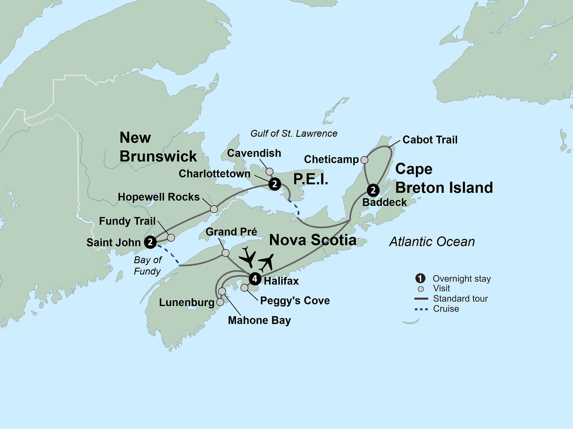 A map of Canada's Maritime provinces showing a travel route connecting locations in New Brunswick, Nova Scotia, and P.E.I.