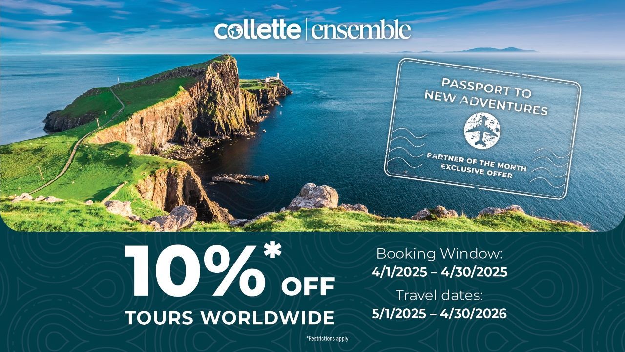 An advertisement for 10 % off tours worldwide from Collette Tours - speak to an Agent for more details