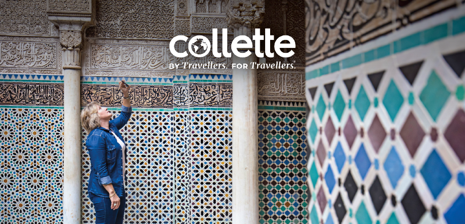 Woman in denim, looking up at ornate architecture. Collette logo at the top.