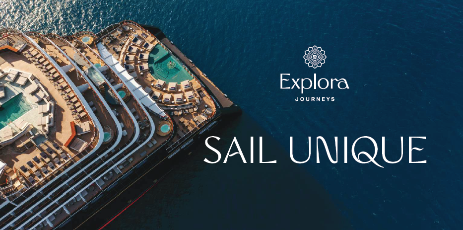 An Explora Journeys cruise ship on the ocean viewed from above. Below the Explora Journeys logo are the words 'Sail Unique'.