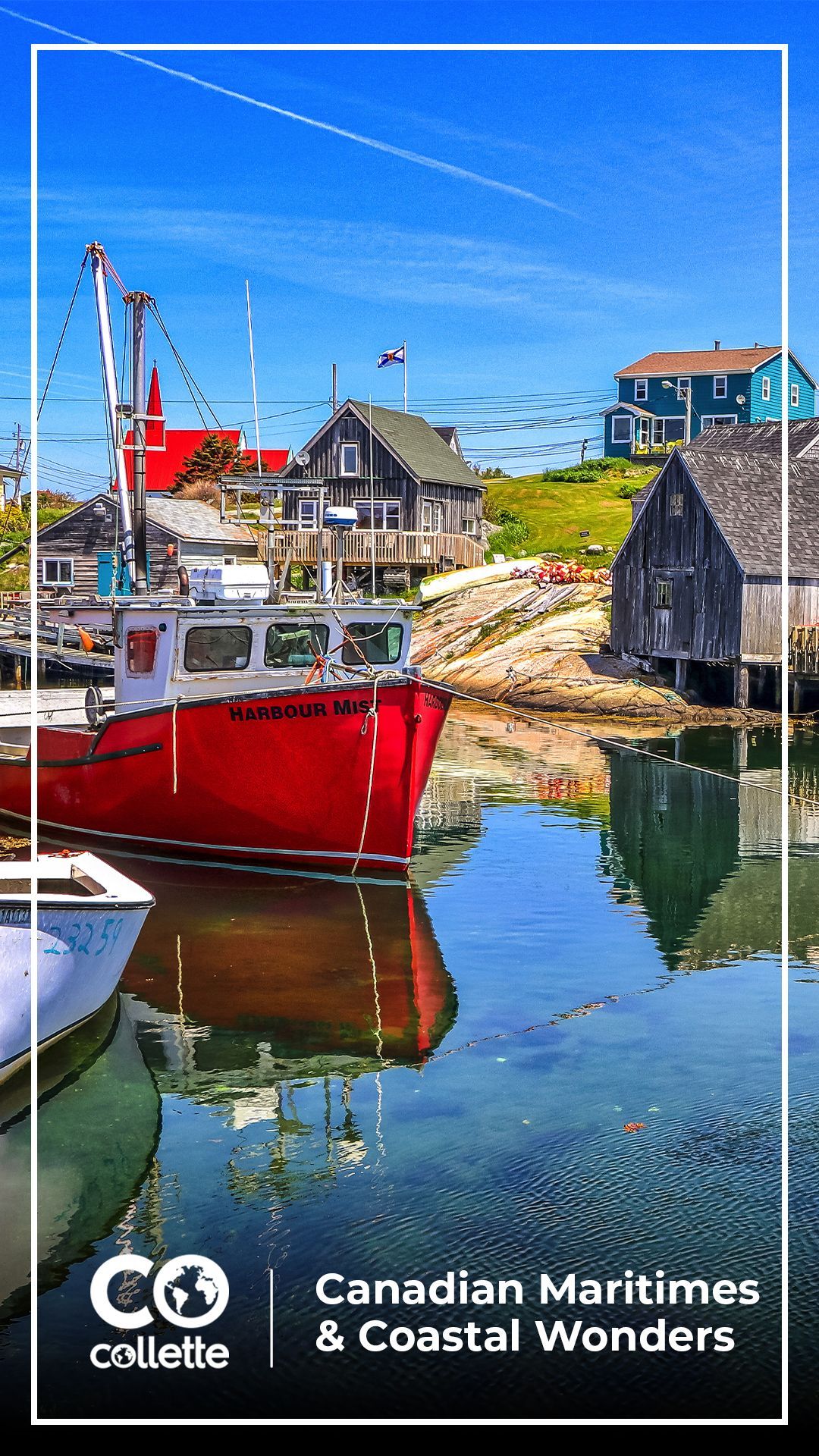 A bright red fishing boat is docked in a calm, clear harbor surrounded by coastal homes, labeled Canadian Maritimes.