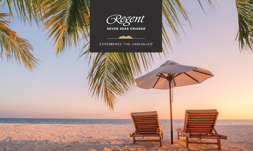 Two wooden lounge chairs and a beach umbrella on a sandy beach at sunset, with the Regent Seven Seas Cruises logo above.