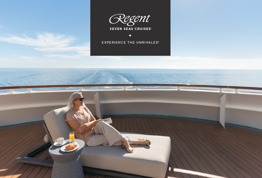 Woman relaxes on a deck chair on a cruise ship, overlooking the ocean. Regent Seven Seas Cruises logo.