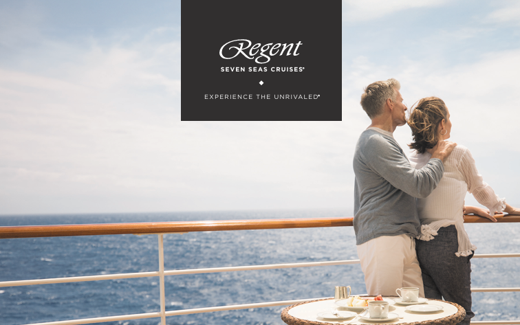 Couple on cruise ship deck, looking at the ocean. Regent Seven Seas Cruises logo at the top.