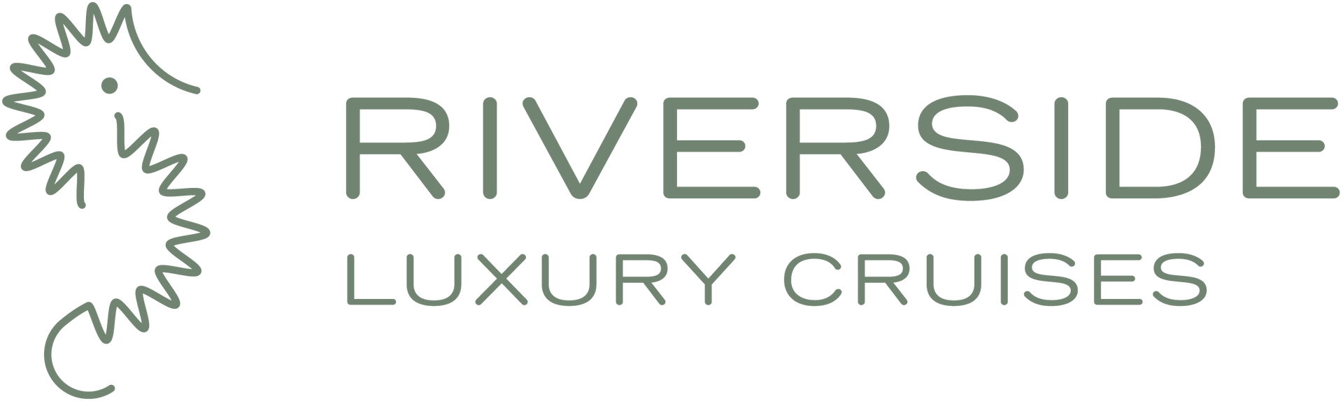 Riverside Luxury Cruises logo: sea horse icon next to text in muted green.