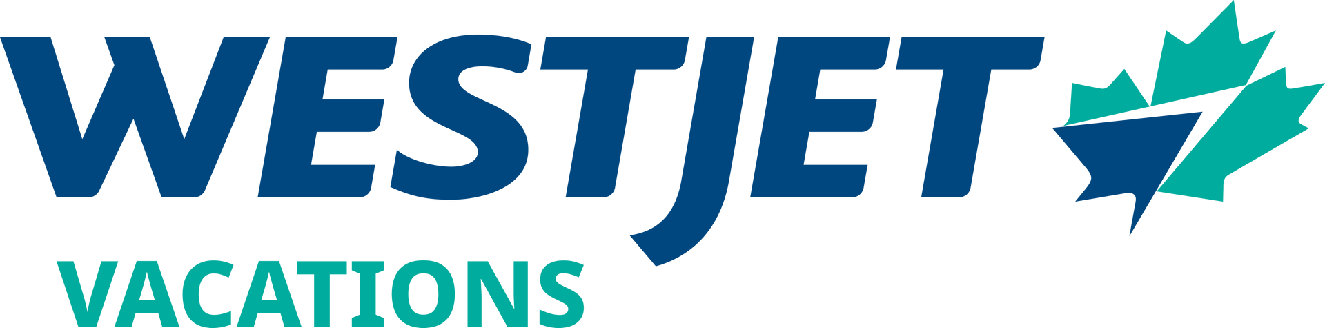 Westjet Vacations logo: Blue text with a maple leaf symbol, green